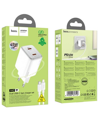 Купити МЗП Hoco N42 Elogiado PD45W (2USB-C) + кабель Type-C to Lightning