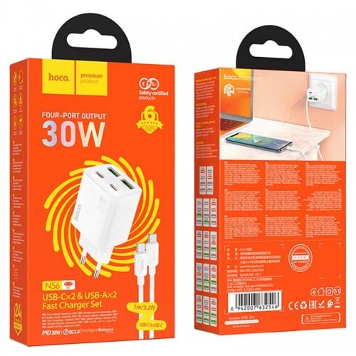 Купить СЗУ Hoco N56 Fundador PD30W four-port (2USB-A/2C) + кабель Type-C to Type-C Купить СЗУ Hoco N56 Fundador PD30W four-port (2USB-A/2C) + кабель Type-C to Type-C