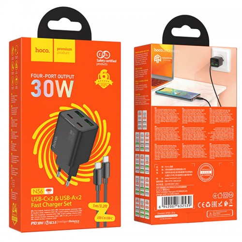 Купить СЗУ Hoco N56 Fundador PD30W four-port (2USB-A/2C) + кабель Type-C to Type-C Купить СЗУ Hoco N56 Fundador PD30W four-port (2USB-A/2C) + кабель Type-C to Type-C