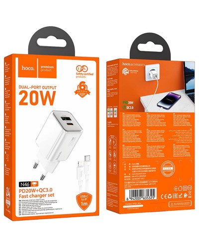 Купити МЗП Hoco N46 Glorious PD20W+QC3.0 (1USB-A/1C) + кабель Type-C to Lightning