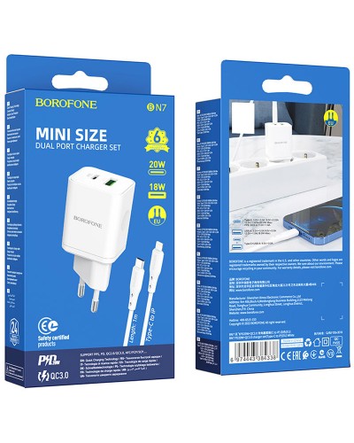 Купити МЗП Borofone BN7 PD20W+QC3.0 (1USB-A/1C) + кабель Type-C to Lightning