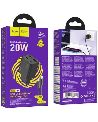 Купити МЗП Hoco N55 Fundador PD20W four-port (2USB-A/2C) + кабель Type-C to Lightning