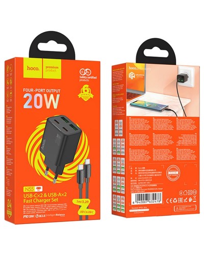Купити МЗП Hoco N55 Fundador PD20W four-port (2USB-A/2C) + кабель Type-C to Type-C