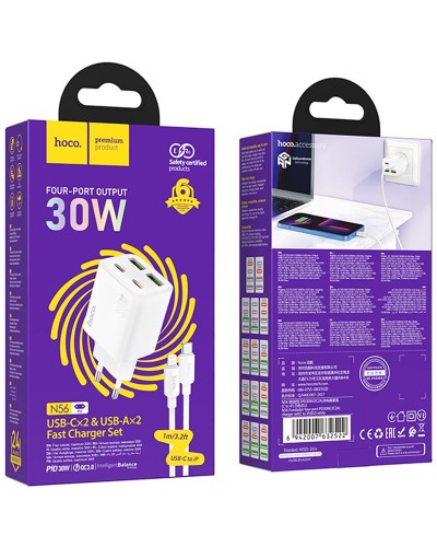 Купити МЗП Hoco N56 Fundador PD30W four-port (2USB-A/2C) + кабель Type-C to Lightning