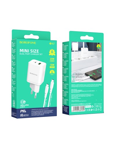 Купити МЗП Borofone BN7 PD20W+QC3.0 (1USB-A/1C) + кабель Type-C to Type-C
