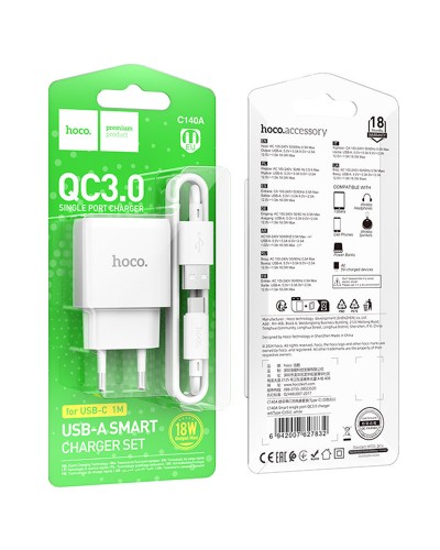 Купити МЗП Hoco C140A Smart QC3.0 18W (1USB-A) + кабель USB to Type-C