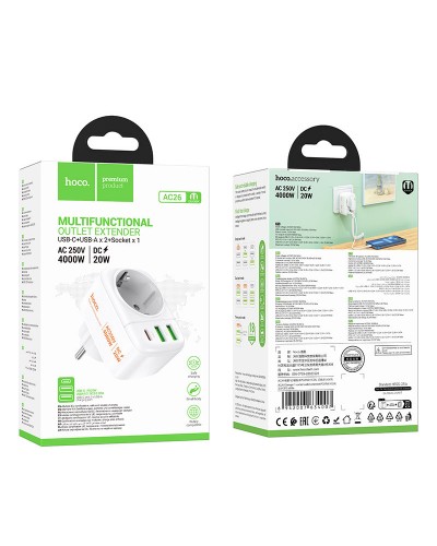 Купити МЗП Hoco AC26 Changer Outlet Extender 20W (2USB-A/1C/1Socket)