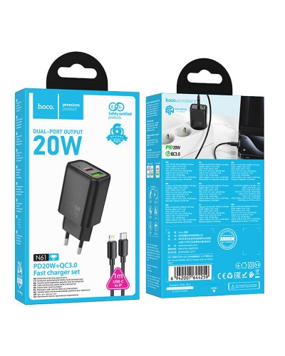 Купити МЗП Hoco N61 Gentle PD20W+QC3.0 (1USB-A/1C) + кабель Type-C to Lightning