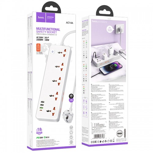 Купить Удлинитель Hoco AC14A Rico PD30W (3USB-A/1C/5xSocket) (1.5m)