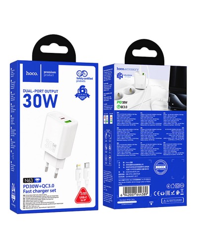 Купити МЗП Hoco N63 Gentle PD30W+QC3.0 (1USB-A/1C) + кабель Type-C to Lightning