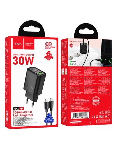 Купити МЗП Hoco N63 Gentle PD30W+QC3.0 (1USB-A/1C) + кабель Type-C to Type-C