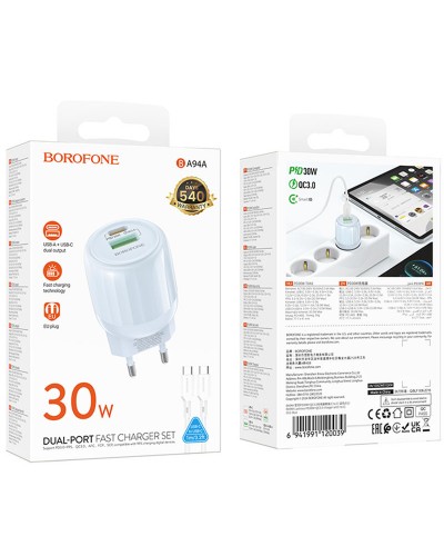 Купити МЗП Borofone BA94A Lustrous PD30W+QC3.0 (1USB-A/1C) + кабель Type-C to Type-C