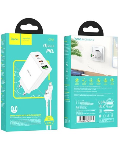 Купити МЗП Hoco C99A PD20W+QC3.0 (1USB/2Type-C/3A) + Type-C to Lightning