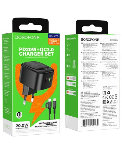 Купити МЗП Borofone BAS22A Fortune PD20W+QC3.0 (1USB-A/1C) + кабель Type-C to Type-C