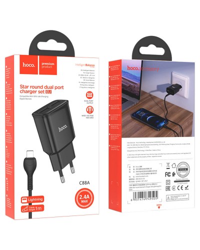 Купити МЗП Hoco C88A Star round 2.4A (2USB-A) + кабель USB to Lightning