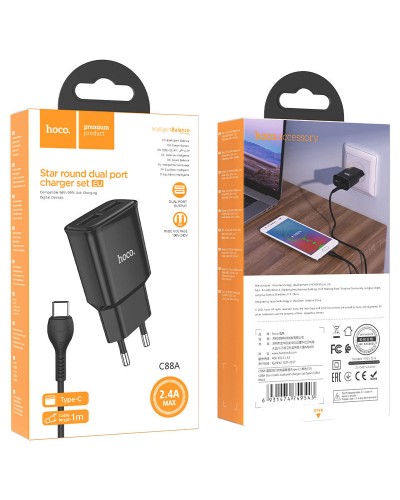 Купити МЗП Hoco C88A Star round 2.4A (2USB-A) + кабель USB to Type-C