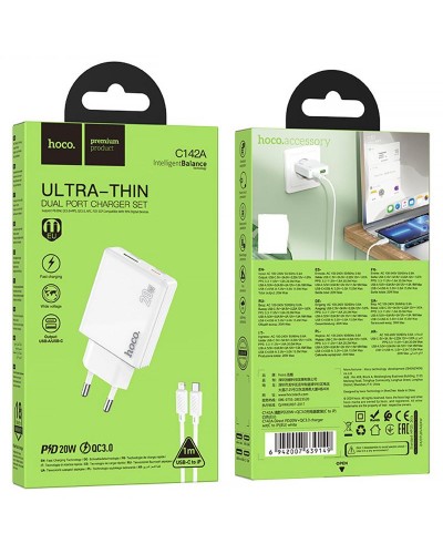 Купити МЗП Hoco C142A Direct PD20W+QC3.0 (1USB-A/1C) + кабель Type-C to Lightning