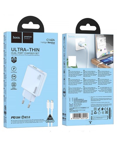 Купити МЗП Hoco C142A Direct PD20W+QC3.0 (1USB-A/1C) + кабель Type-C to Lightning