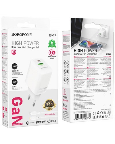 Купити МЗП Borofone BN29 Fuente PD30W+QC3.0 (1USB-A/1C) + кабель Type-C to Lightning
