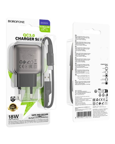 Купити МЗП Borofone BAS52A Absolute QC3.0 18W (1USB-A) + кабель USB to MicroUSB