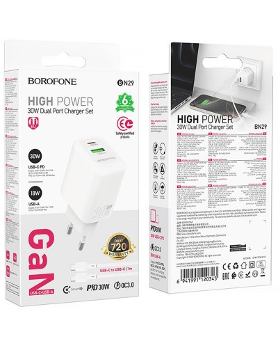 Купити МЗП Borofone BN29 Fuente PD30W+QC3.0 (1USB-A/1C) + кабель Type-C to Type-C