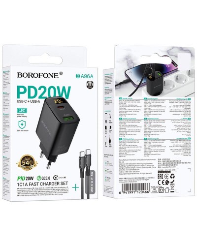 Купити МЗП Borofone BA96A Ilustre with digital display PD20W+QC3.0 (1USB-A/1C) + кабель Type-C to Type-C