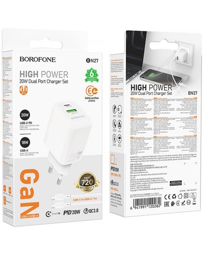 Купити Уцінка МЗП Borofone BN27 Fuente PD20W+QC3.0 (1USB-A/1C) + кабель Type-C to Type-C