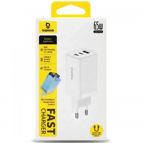 Купити МЗП Baseus GaN5 Pro PD65W+QC3.0 (1USB-A/2C) + кабель Type-C to Type-C (CCGP12020)