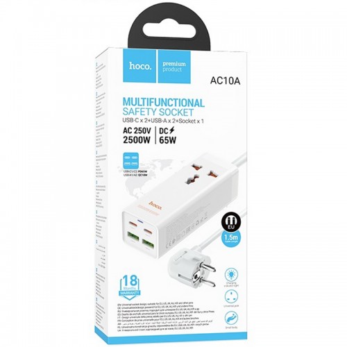 Купити Подовжувач Hoco AC10A Talent PD65W+QC3.0 (2USB-A/2C/1xSocket) (1.5m)
