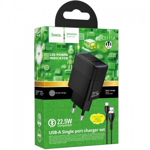 Купити МЗП Hoco CS111A Lounge QC3.0 22.5W (1USB-A) + кабель USB to Type-C
