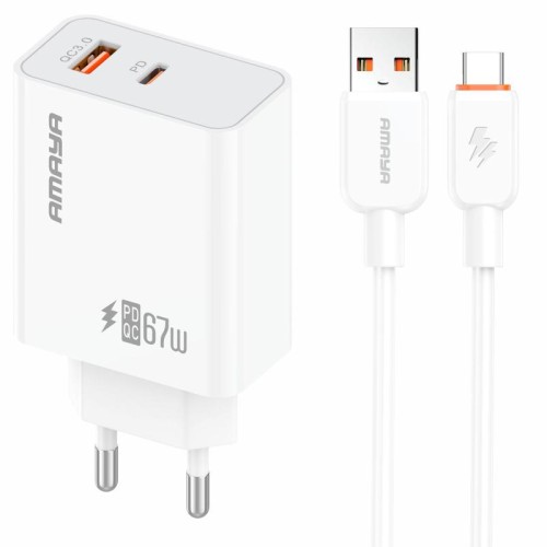 СЗУ Amaya E72D PD67W+QC3.0 (1USB-A/1C) + кабель USB to Type-C