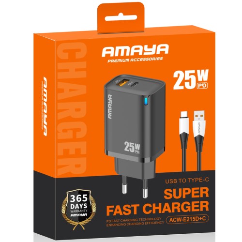 СЗУ Amaya E215D PD25W+QC3.0 (1USB-A/1C) + кабель USB to Type-C