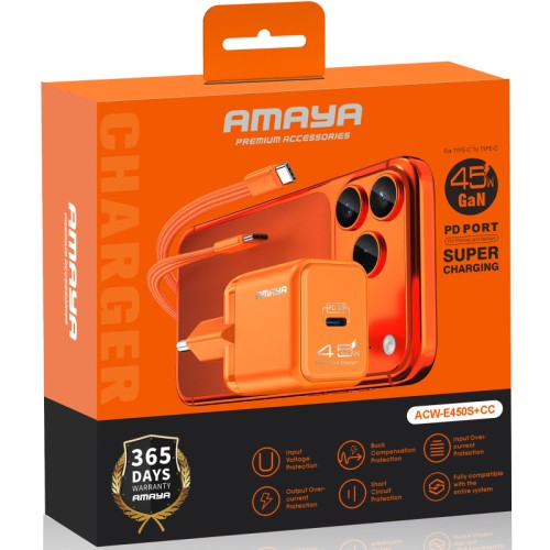 СЗУ Amaya E450S PD45W GaN (1USB-C) + кабель Type-C to Type-C