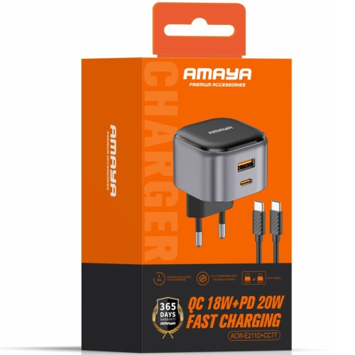 СЗУ Amaya E211D PD20W+QC3.0 (1USB-A/1C) + кабель Type-C to Type-C