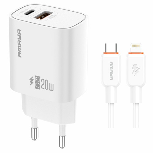 СЗУ Amaya E74D PD20W+QC3.0 (1USB-A/1C) + кабель Type-C to Lightning