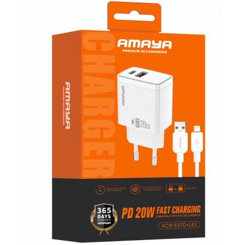 СЗУ Amaya E67D PD20W+QC3.0 (1USB-A/1C) + кабель USB to Lightning