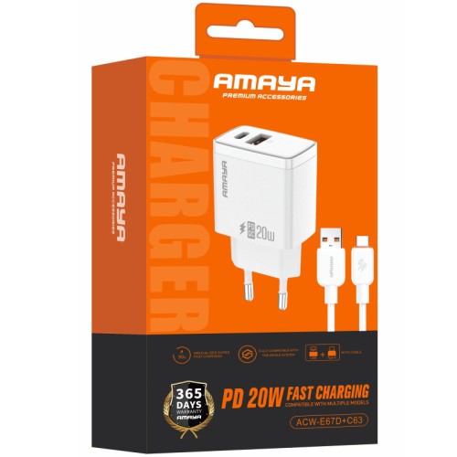 СЗУ Amaya E67D PD20W+QC3.0 (1USB-A/1C) + кабель USB to Type-C