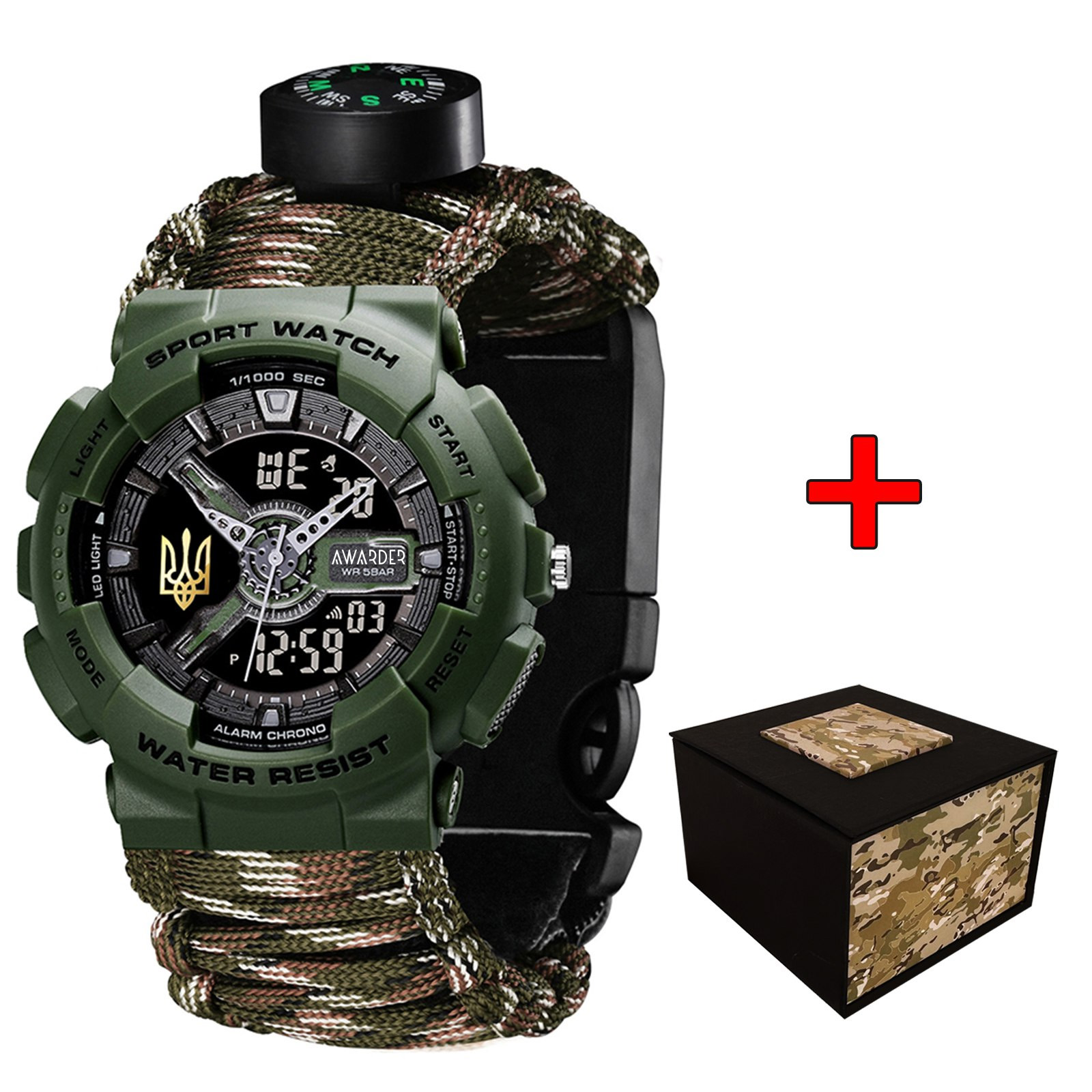 Купити Чоловічий тактичний годинник Awarder 005P Тризуб Army Green з паракордовим ремінцем
