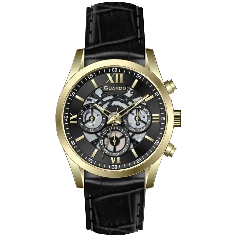 Чоловічий наручний годинник Guardo 012837-6 Gold/Black з календарем та шкіряним ремінцем