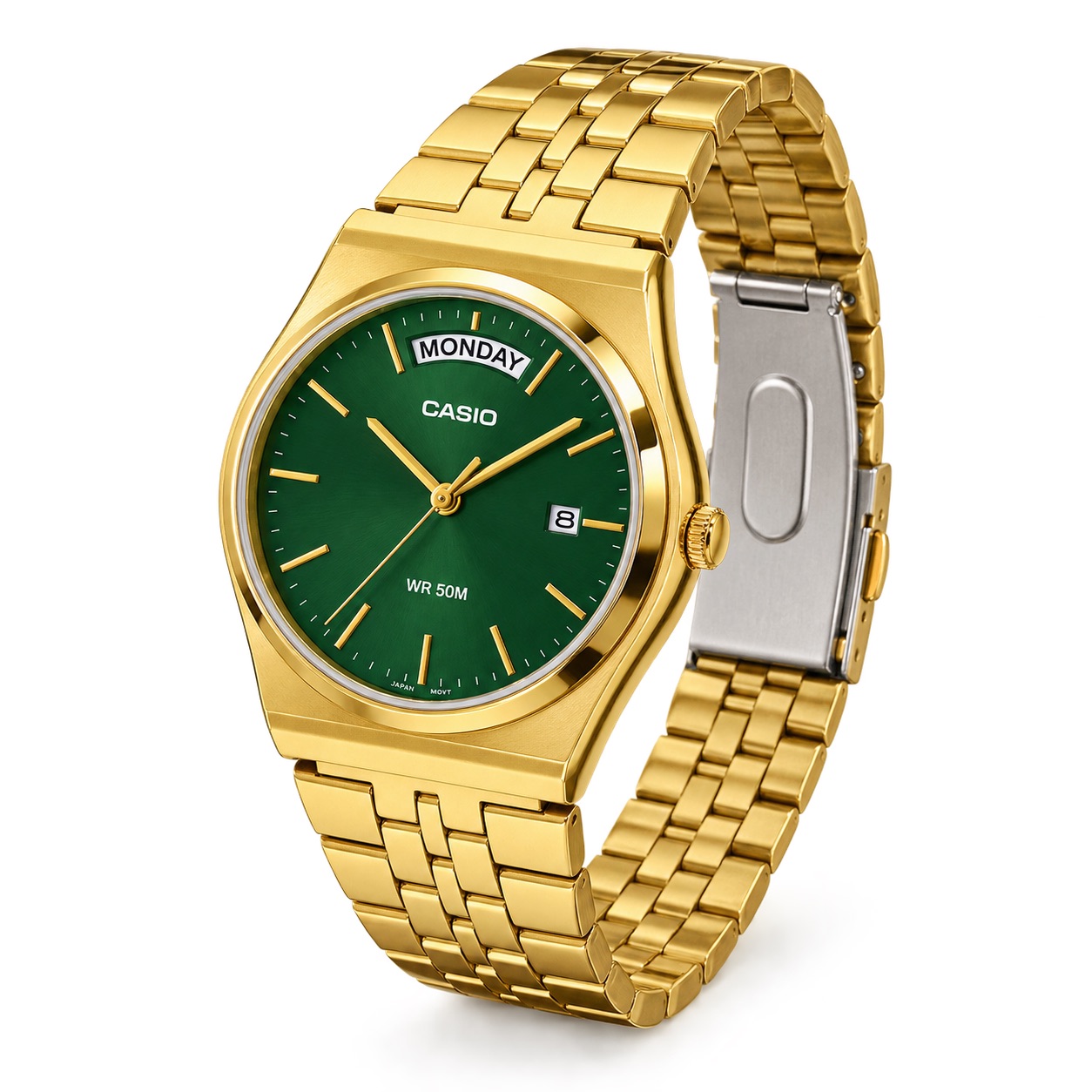 Купити Чоловічий годинник Casio MTP-B146G-3A з зеленим циферблатом та золотистим браслетом