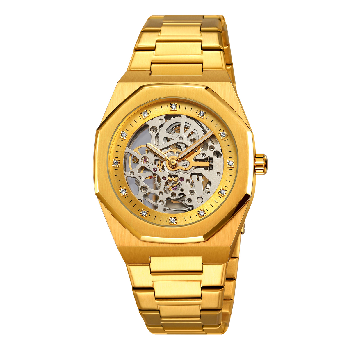 Купити Чоловічий механічний годинник Skmei M034SGD Gold Steel з автопідзаводом та золотистим браслетом