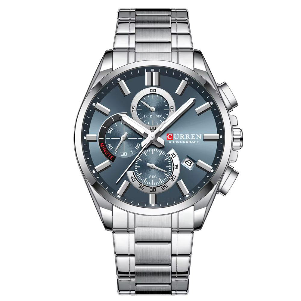 Чоловічий наручний годинник Curren 8475 Silver-Blue з хронографом та календарем