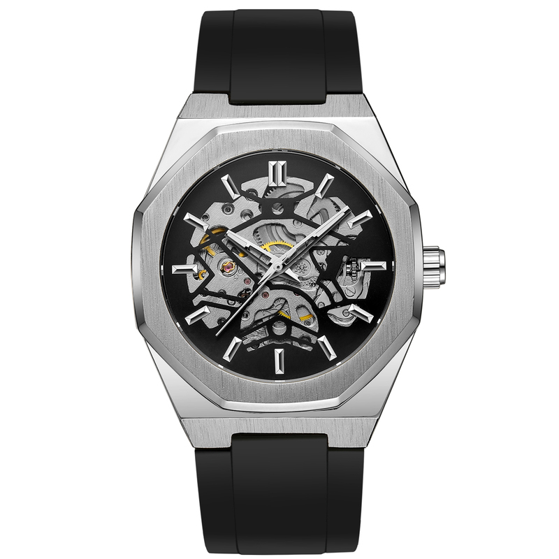 Купити Чоловічий механічний годинник Forsining 8289 Silver-Black з автопідзаводом та каучуковим ремінцем