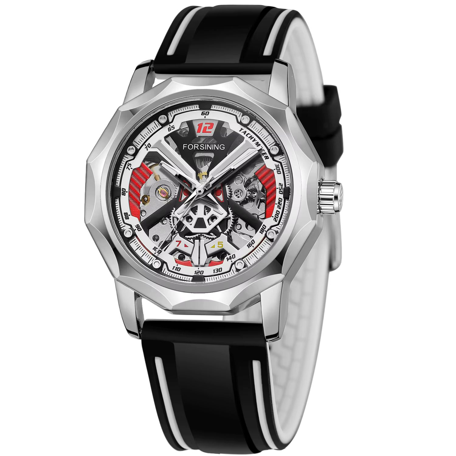 Купити Чоловічий механічний годинник Forsining 8284 Silver-Black з прозорим корпусом та каучуковим ремінцем