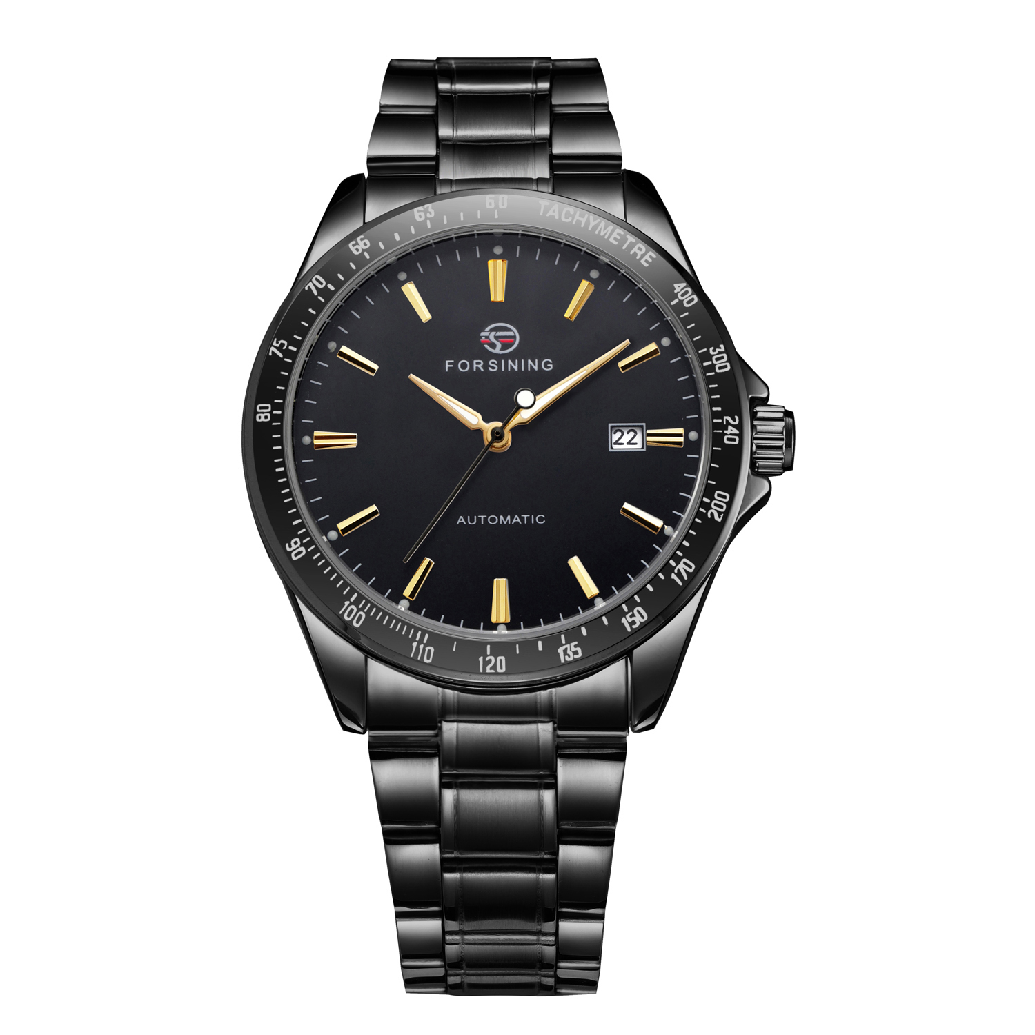 Купити Чоловічий механічний годинник Forsining 8294 Black-Gold Steel з автопідзаводом та браслетом