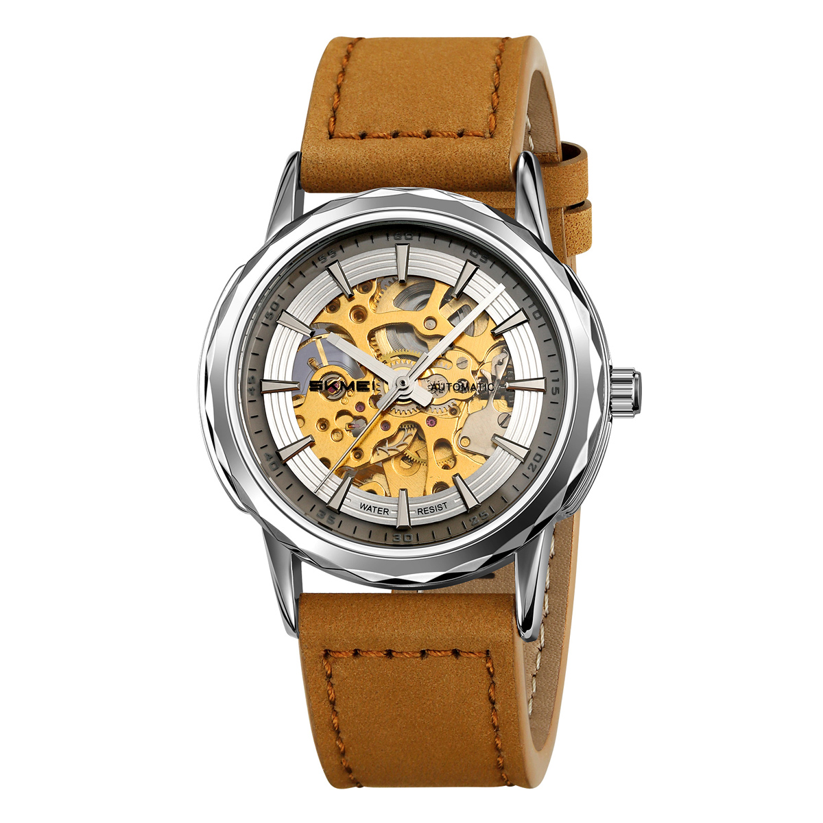 Купити Чоловічий механічний годинник Skmei M035LSILTBN Silver-Light Brown Leather з автопідзаводом та шкіряним ремінцем