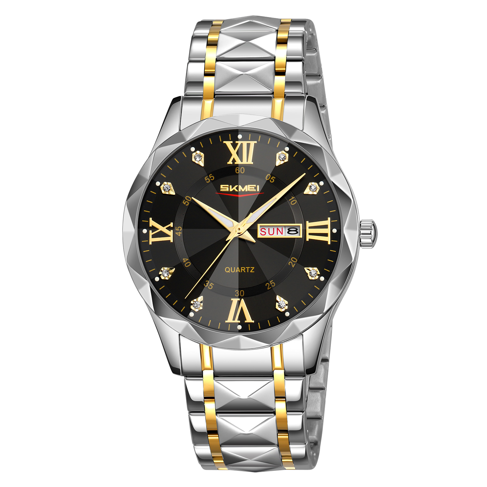 Купити Чоловічий класичний годинник Skmei 9369TGDBK Gold-Black зі сріблястим браслетом та мінеральним склом