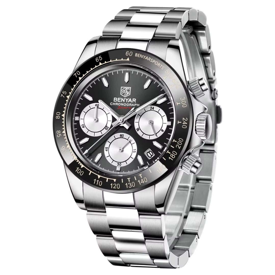 Чоловічий наручний годинник Benyar BY-5169 Silver-Black-White з хронографом та сталевим браслетом