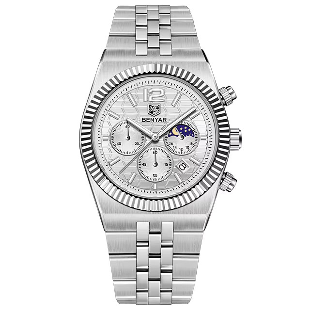 Чоловічий класичний годинник Benyar BY-5225 Silver-White зі сріблястим браслетом та білим циферблатом