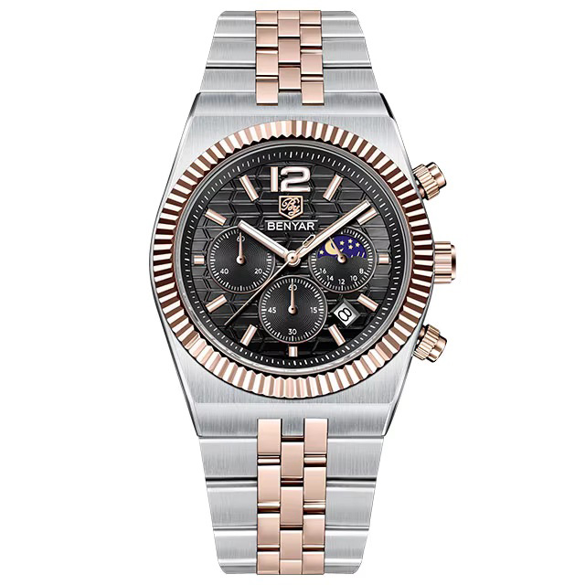 Чоловічий годинник Benyar BY-5225 Silver-Rose Gold-Black з металевим браслетом та календарем
